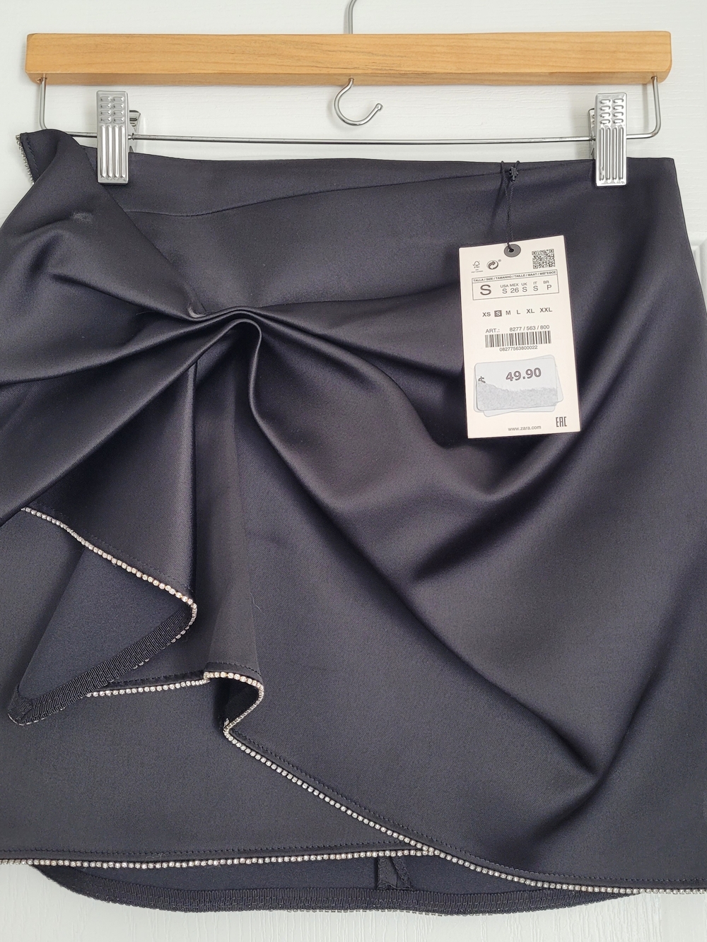 Zara Black Satin Mini Skirt with Draped Twist and Crystal Trim - Picture 2 of 11